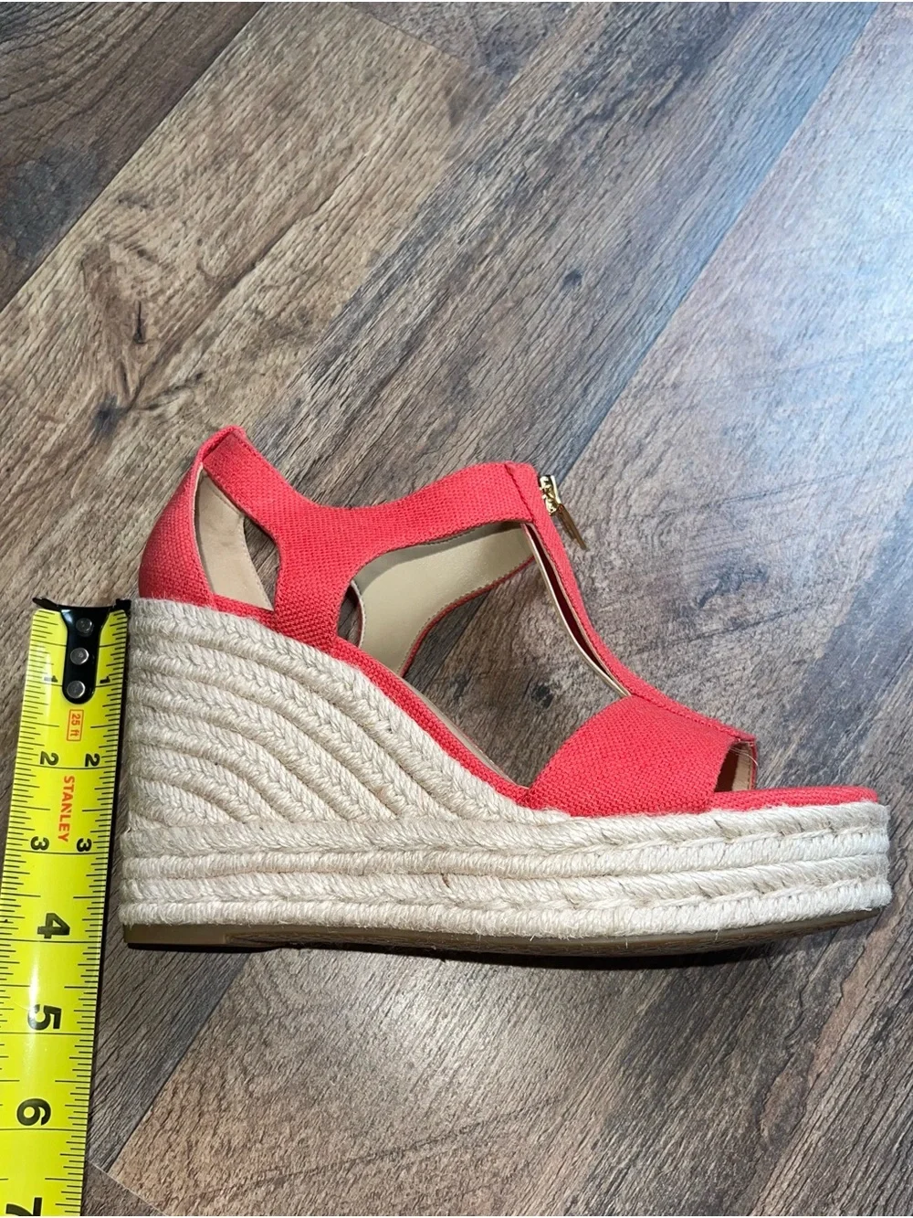 Michael Kors Coral-Red Espadrille Wedge Sandals with Front Zipper